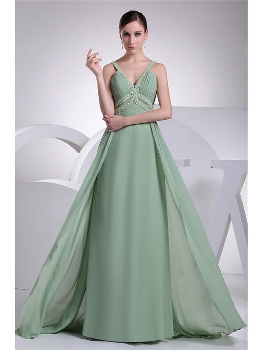 A-Line Evening Gown Sparkle Dress Formal Evening Floor Length Sleeveless Spaghetti Strap Chiffon