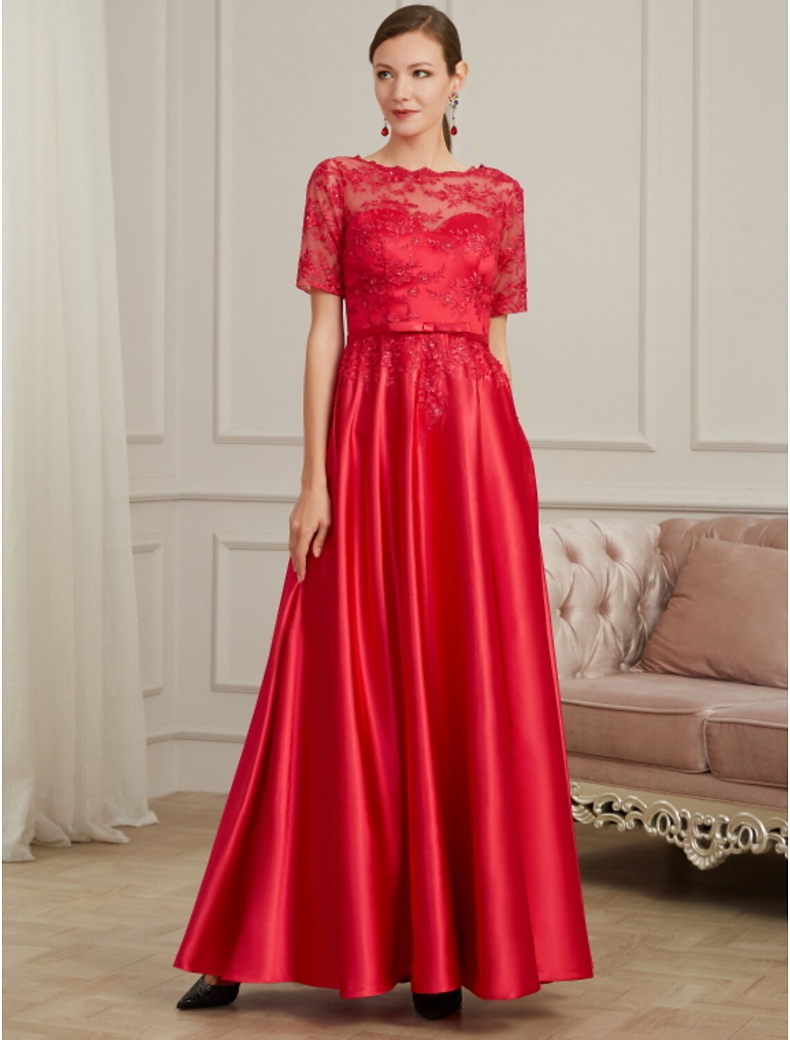 A-Line Evening Gown Elegant Dress Wedding Guest Floor Length Short Sleeve Jewel Neck Polyester with Pleats Beading