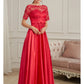 A-Line Evening Gown Elegant Dress Wedding Guest Floor Length Short Sleeve Jewel Neck Polyester with Pleats Beading