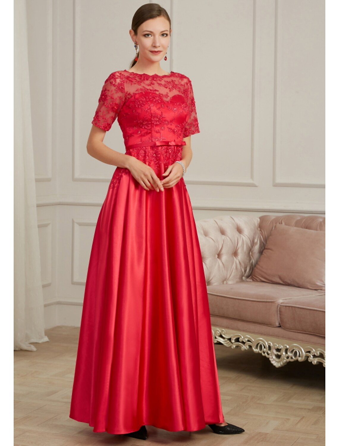 A-Line Evening Gown Elegant Dress Wedding Guest Floor Length Short Sleeve Jewel Neck Polyester with Pleats Beading