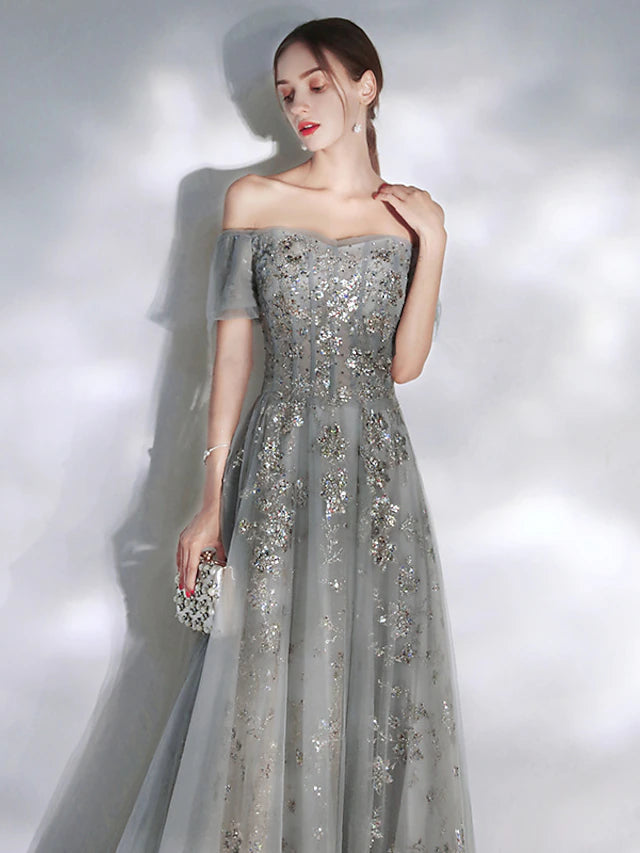 A-Line Evening Gown Glittering Dress Engagement Floor Length Short Sleeve Off Shoulder Spandex