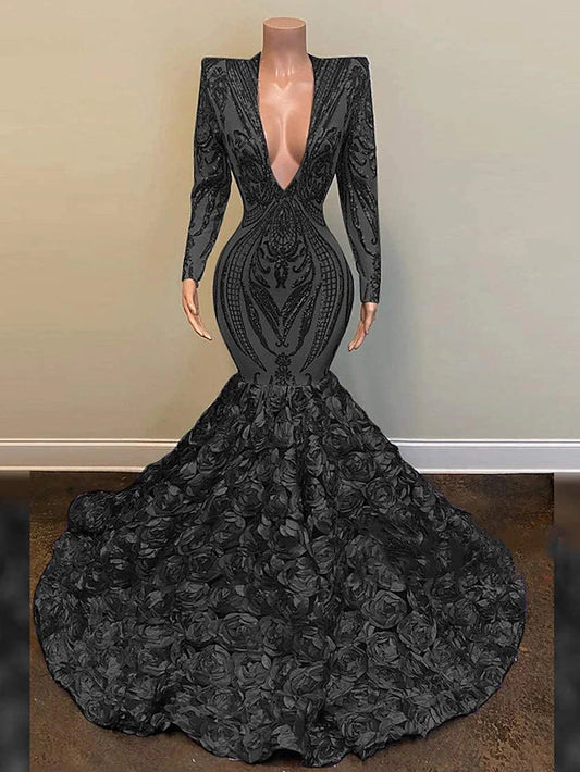 Mermaid / Trumpet Sparkle Evening Dress Sexy Engagement Formal Floral Wedding Dress V Neck Long Sleeve Chapel Train Sequined