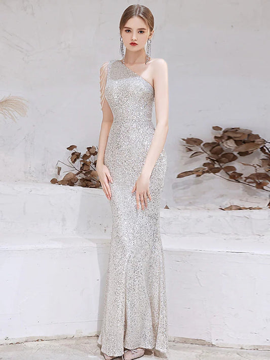 Mermaid / Trumpet Evening Gown Sparkle Dress Wedding Guest Floor Length Sleeveless One Shoulder Sequined