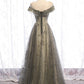 A-Line Evening Gown Elegant Dress Wedding Guest Engagement Floor Length Short Sleeve Illusion Neck Tulle