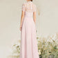 A-Line Evening Gown Empire Dress Engagement Floor Length Short Sleeve High Neck Chiffon