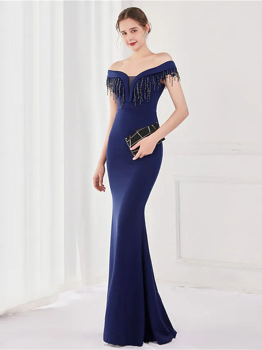 Mermaid / Trumpet Elegant Sexy Wedding Guest Formal Evening Dress Off Shoulder V Back Short Sleeve Floor Length Satin