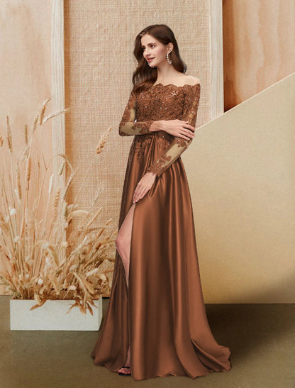 A-Line Evening Gown Glittering Dress Engagement Floor Length Long Sleeve Off Shoulder Satin with Sequin Slit