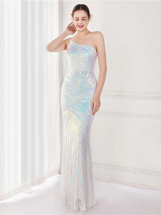 Mermaid / Trumpet Evening Gown Elegant Dress Wedding Guest Floor Length Sleeveless One Shoulder Sequined V Back