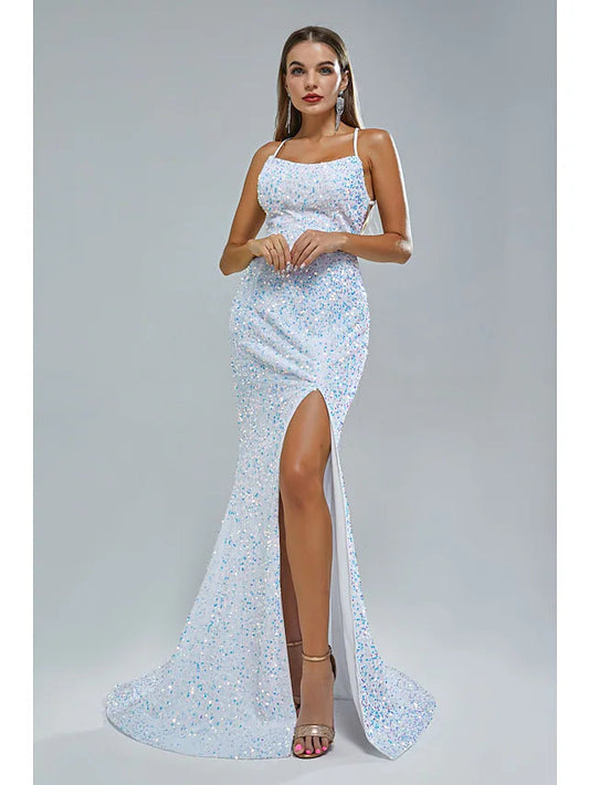 Mermaid / Trumpet Evening Gown Elegant Dress Party Wear Court Train Sleeveless Spaghetti Strap Lace Crisscross Back