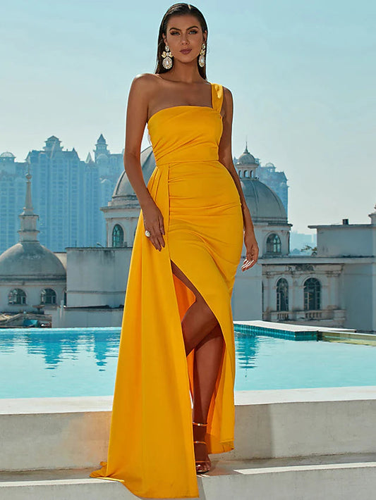 Mermaid / Trumpet Evening Gown Sexy Dress Formal Sweep / Brush Train Sleeveless One Shoulder Cotton
