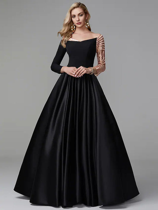 Ball Gown Sparkle Quinceanera Formal Evening Dress Off Shoulder Long Sleeve Floor Length Satin