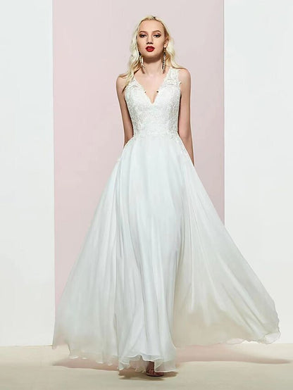 A-Line Evening Gown Open Back Dress Wedding Party Floor Length Sleeveless V Neck Chiffon