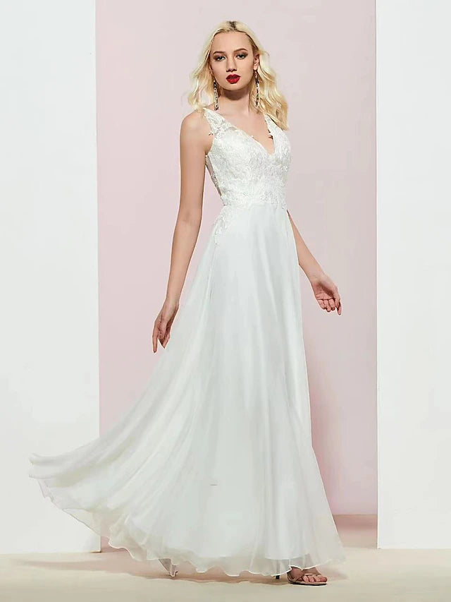 A-Line Evening Gown Open Back Dress Wedding Party Floor Length Sleeveless V Neck Chiffon