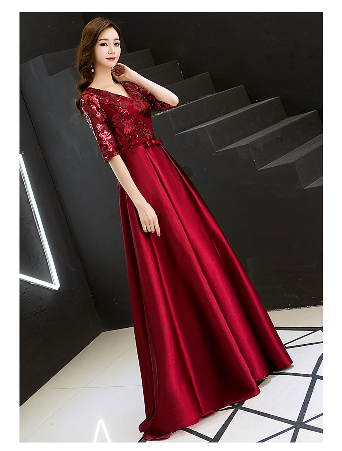 A-Line Sparkle Elegant Wedding Guest Prom Formal Evening Dress V Neck Half Sleeve Floor Length