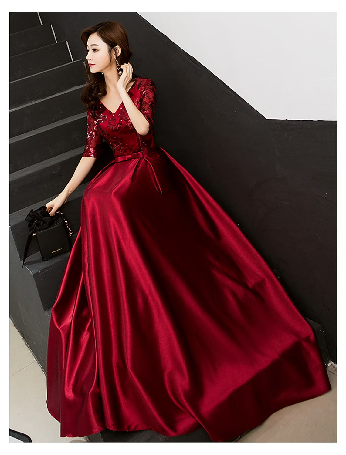 A-Line Sparkle Elegant Wedding Guest Prom Formal Evening Dress V Neck Half Sleeve Floor Length