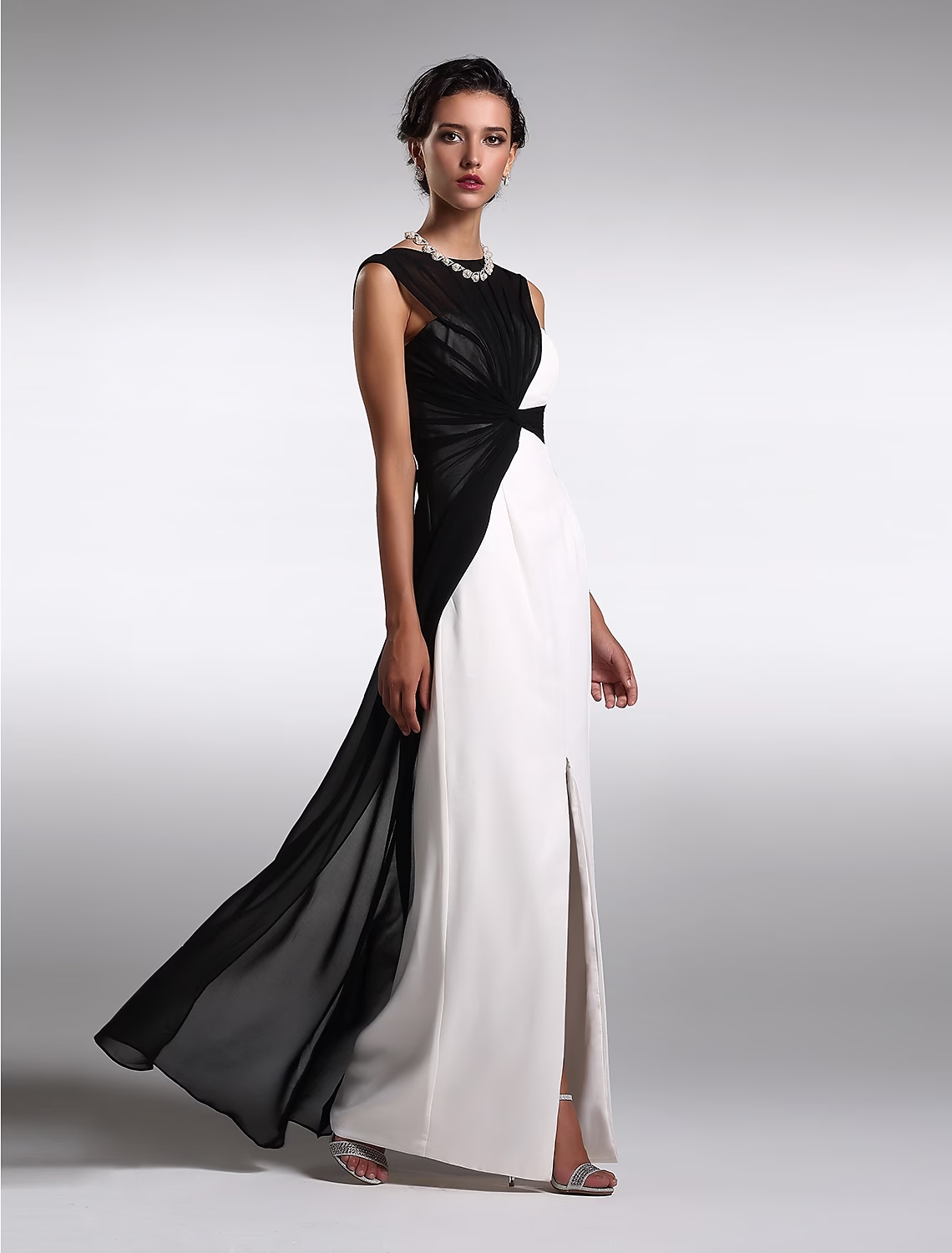 Sheath / Column Little Black Prom Dress Wedding Guest Floor Length Sleeveless Jewel Neck Georgette V Back