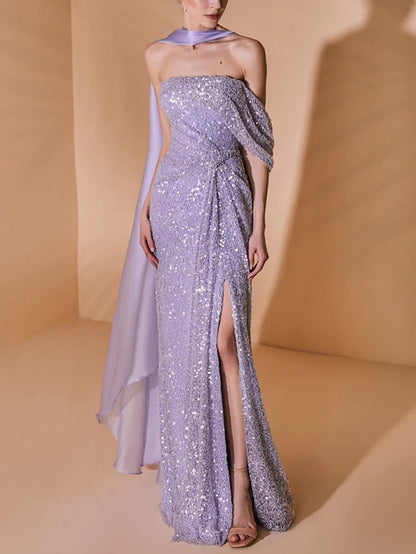 Sheath/Column Strapless Floor-Length Prom Dresses Sparkly Evening Dresses