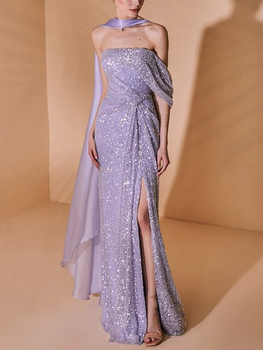 Sheath/Column Strapless Floor-Length Prom Dresses Sparkly Evening Dresses