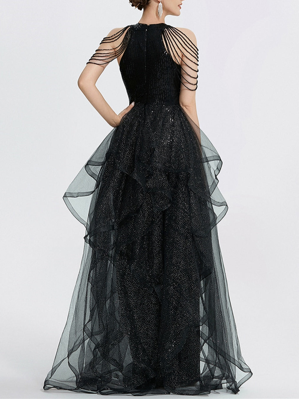 A-Line/Princess Halter Long Prom Dresses With Ruffles & Sequins Sparkly