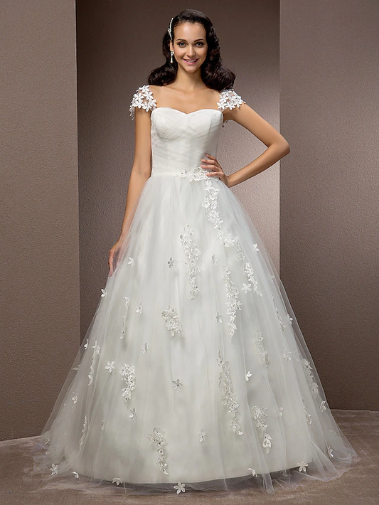 Ball Gown Wedding Dresses Square Neck Court Train Tulle Short Sleeve with Ruched Flower