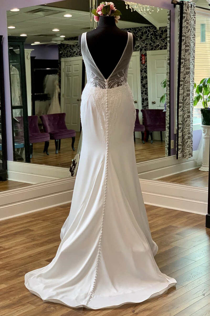 White Appliques Sheer Straps Open Back Mermaid Long Wedding Dress V-neck