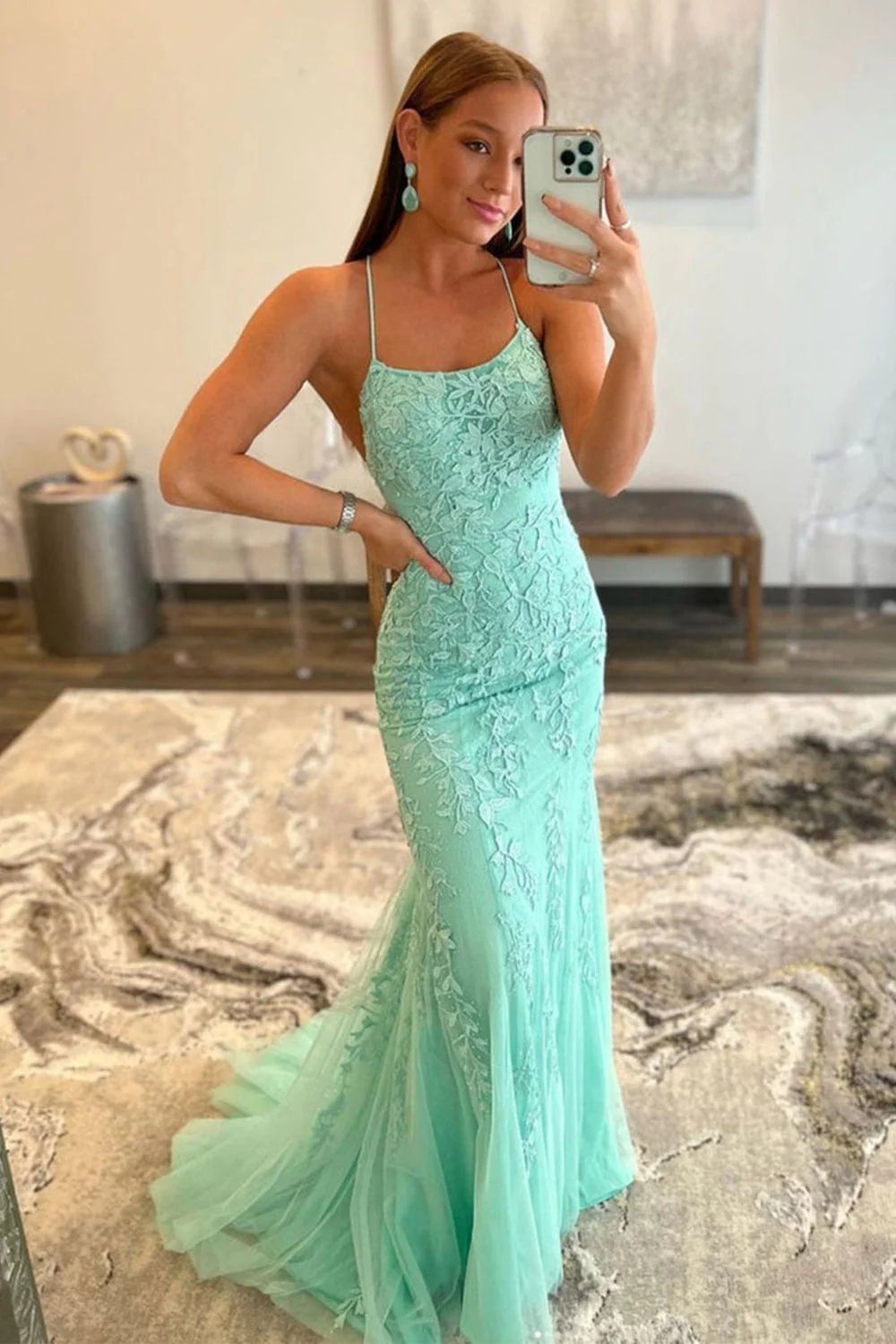 A-Line Mermaid Blue Long Prom Dress Backless Evening Dress