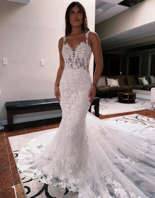 Mermaid Spaghetti Straps Open Back Train Wedding Dress Sexy Beautiful