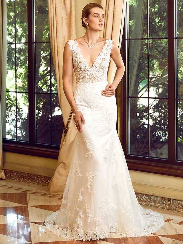 Wedding Dresses V Neck Chapel Train Lace Tulle Regular Straps See-Through