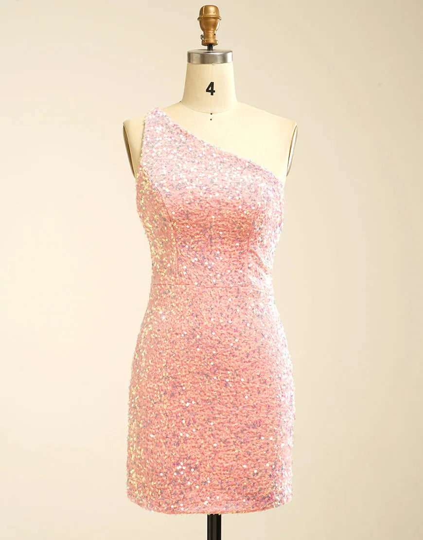 One-Shoulder Rose Pink Homecoming Dress With Sequins Sexy Sparkly 