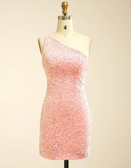 One-Shoulder Rose Pink Homecoming Dress With Sequins Sexy Sparkly 