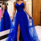 A-Line Long Tulle Prom Dress Simple Elegant Spaghetti Straps with Slit V-neck