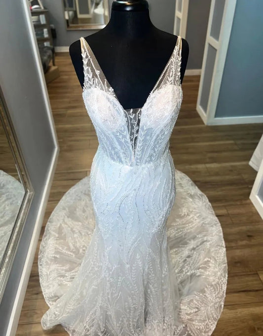 Mermaid V-Neck Train Open Back Lace Wedding Dress Sexy Long