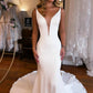 Mermaid Train Open Back Satin Wedding Dress V-neck Pure Color Sexy