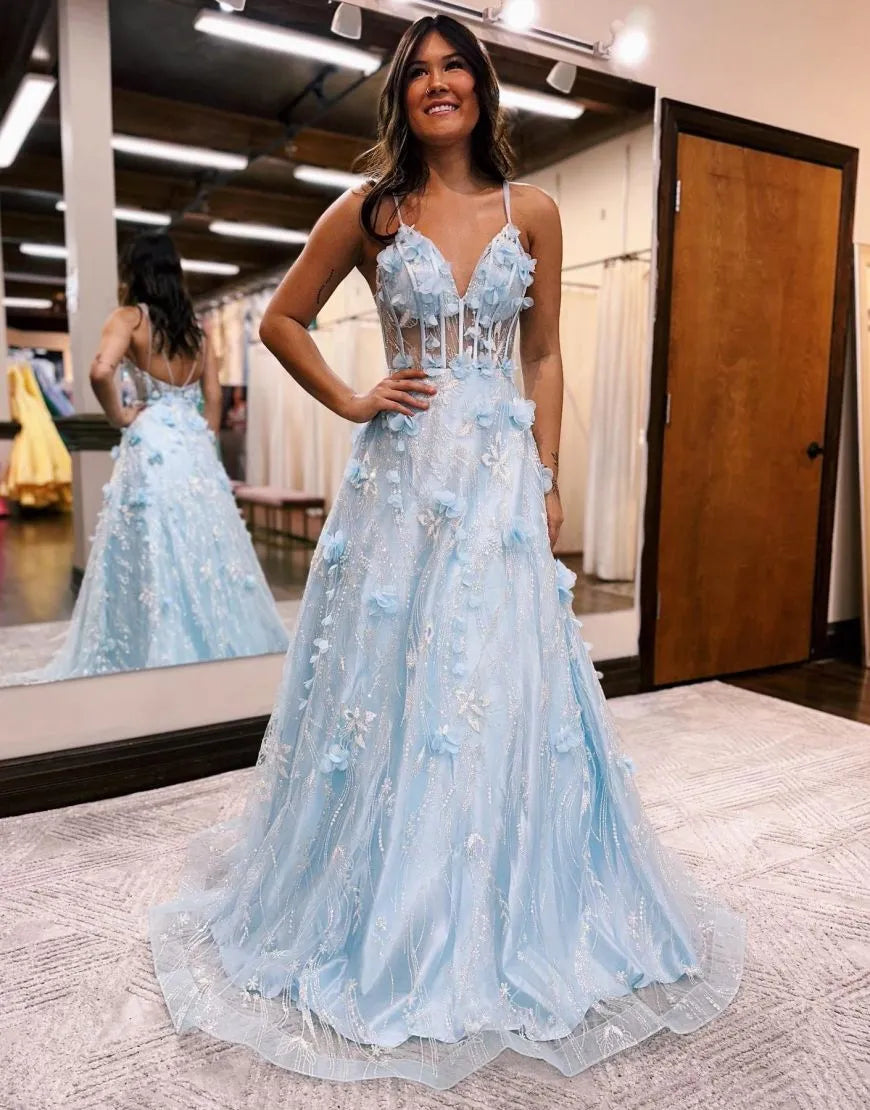 A-Line Spaghetti Straps Prom Dress With 3D Flowers V-neck Sexy