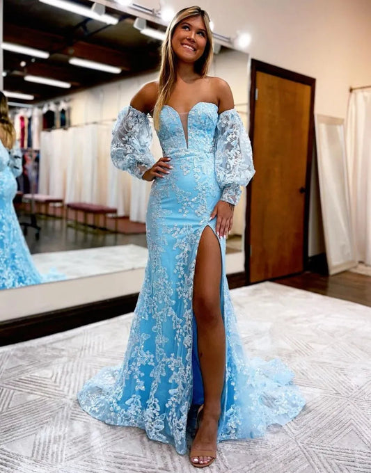 Deep V-Neck Long Prom Dress With Sleeves Off Shoulder With Slit Sexy