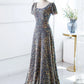 A-Line Square Long Evening Dress Short Sleeved Sparkly Sexy