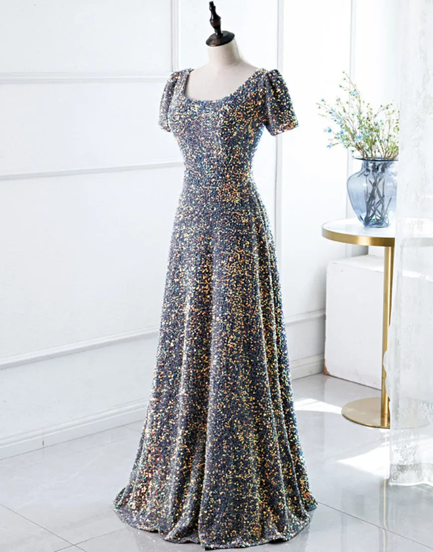 A-Line Square Long Evening Dress Short Sleeved Sparkly Sexy