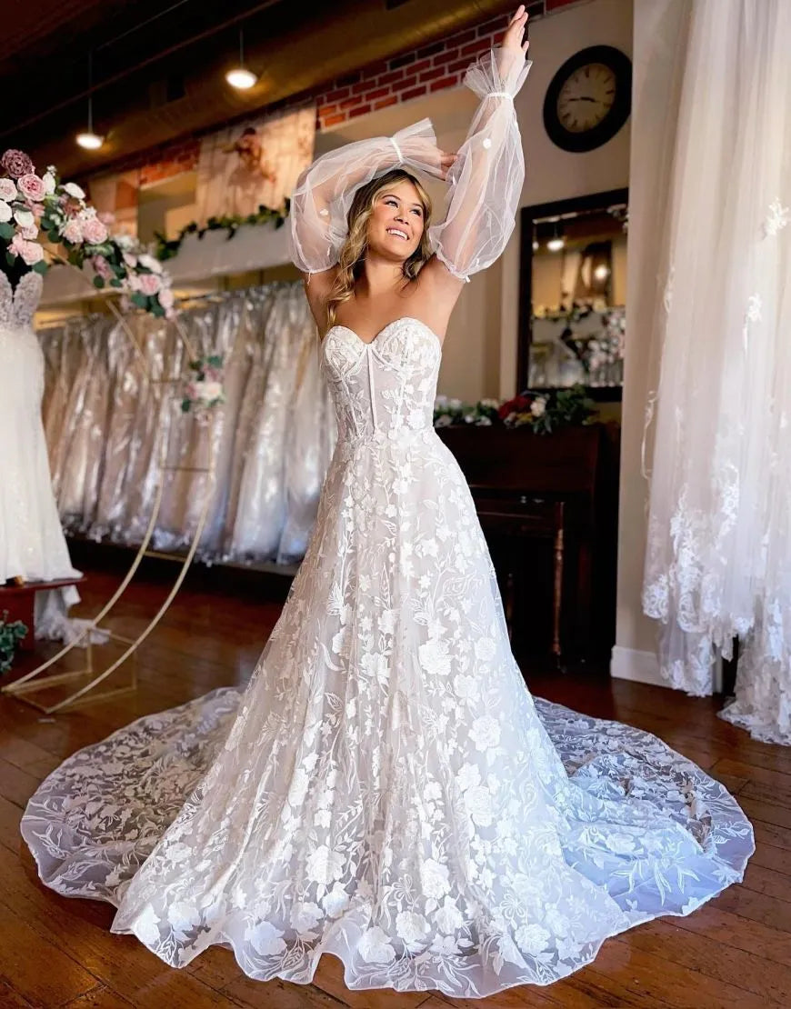 A-Line Train Lace Wedding Dress With Detachable Sleeves Off Shoulder Sexy