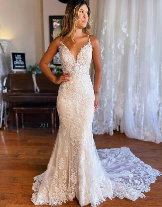 Mermaid Spaghetti Straps Back Wedding Dress V-neck Sexy Long