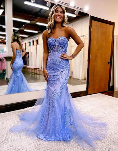 Mermaid Strapless Back Prom Dress With Appliques Off Shoulder Sexy