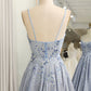 Glitter Grey Blue A-Line Spaghetti Straps Long Prom Dress With Appliques Sparkly Evening Dresses