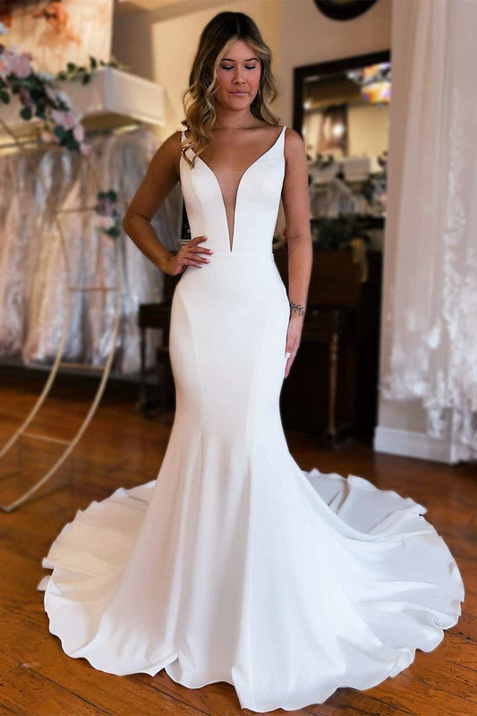 White Plunge V Backless Mermaid Long Wedding Dress Sexy