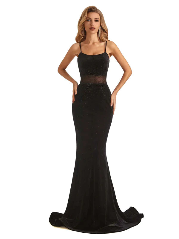 Sexy Black Velvet Mermaid Beading Spaghetti Strap Floor-Length Prom Dresses