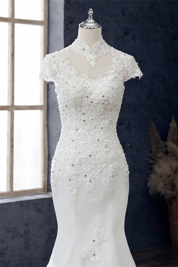 White Appliques High Collar Cutout Mermaid Wedding Dress Long