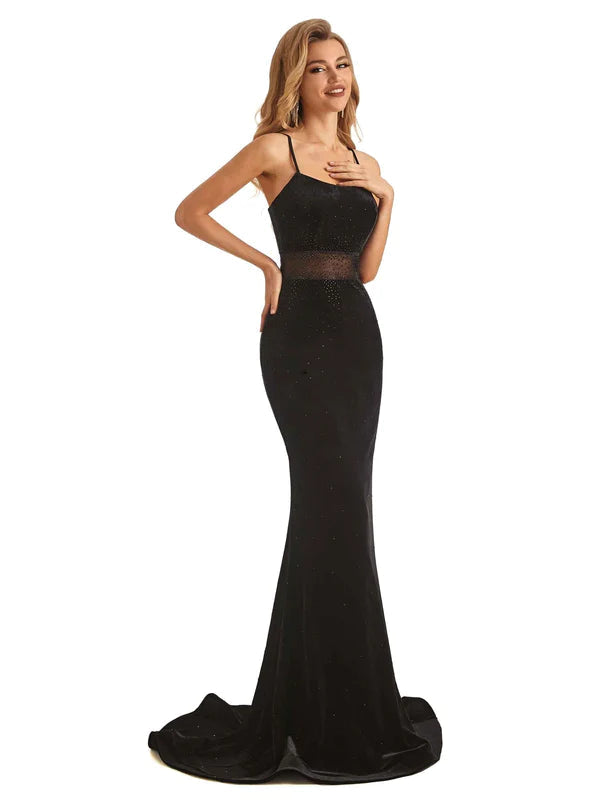 Sexy Black Velvet Mermaid Beading Spaghetti Strap Floor-Length Prom Dresses