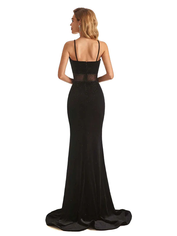 Sexy Black Velvet Mermaid Beading Spaghetti Strap Floor-Length Prom Dresses