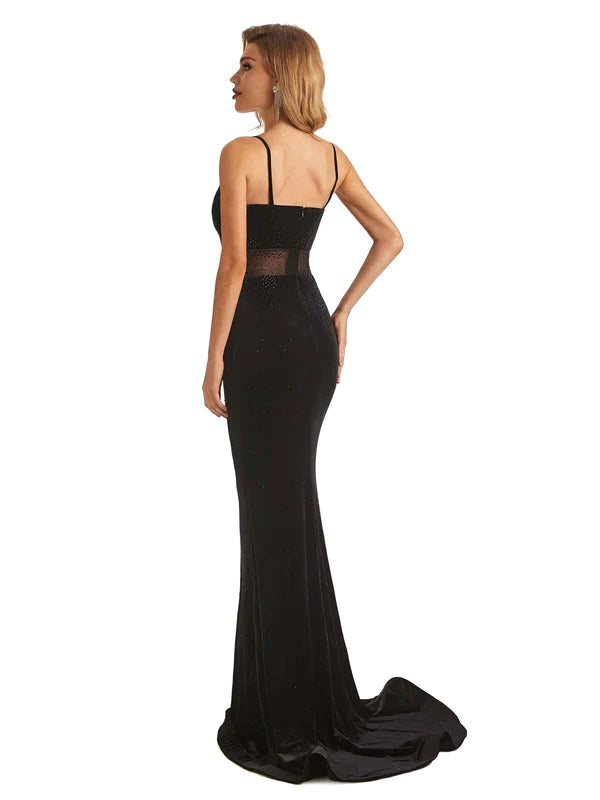 Sexy Black Velvet Mermaid Beading Spaghetti Strap Floor-Length Prom Dresses