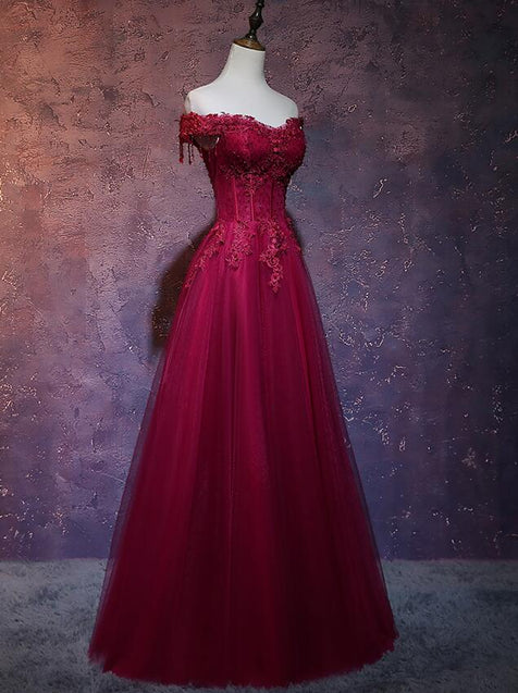 Beautiful Wine Red Tulle Sweetheart Long Prom Dress A-line Party Dress Elegant Evening Dress