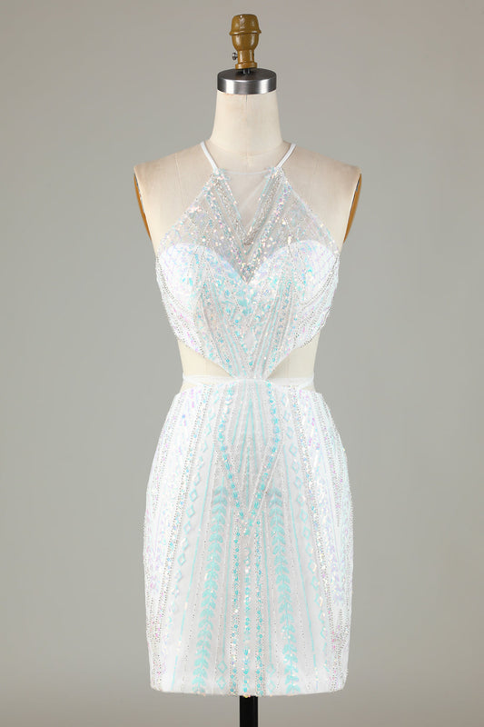 White Sequins Halter Tight Homecoming Dress with Lace-up Back Sexy