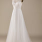 Ivory A Line V-Neck Tulle Sweep Train Wedding Dress with Lace Open Back